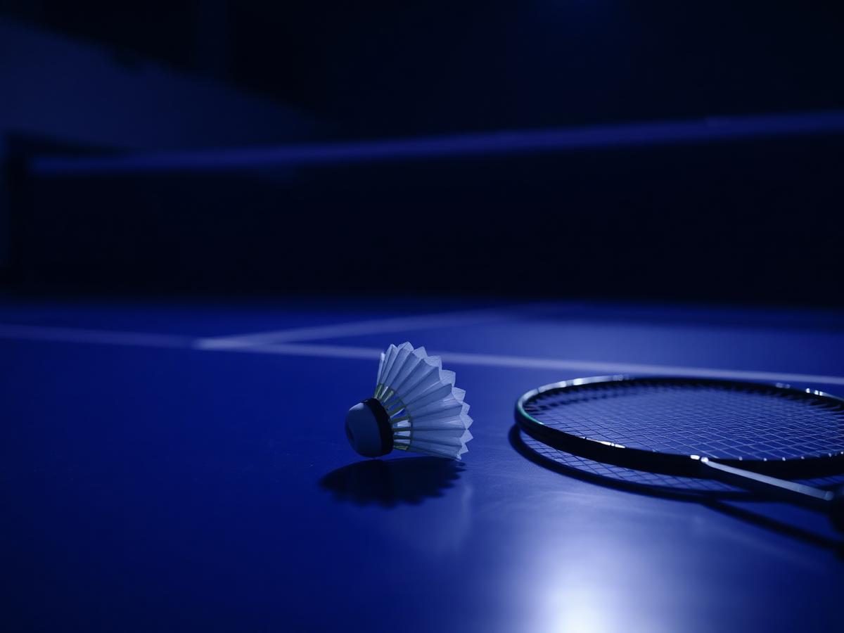 Badminton racket and shuttlecock on an indoor court