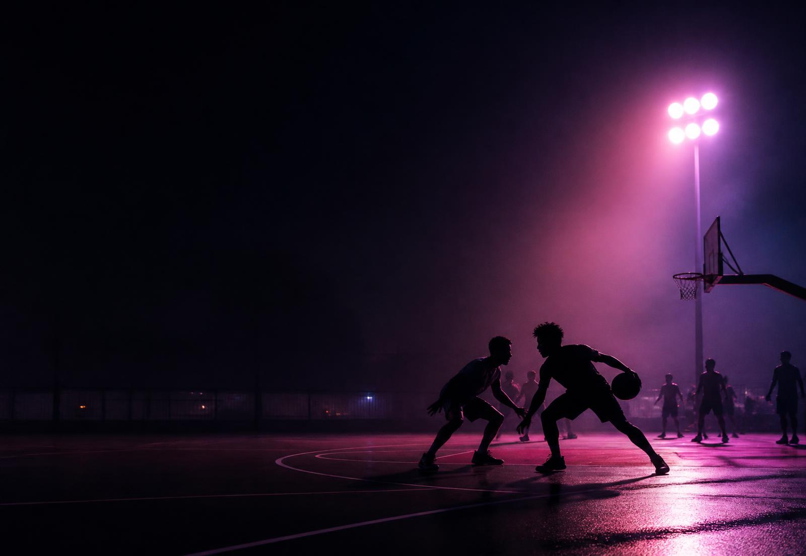 Players on a floodlit court at night